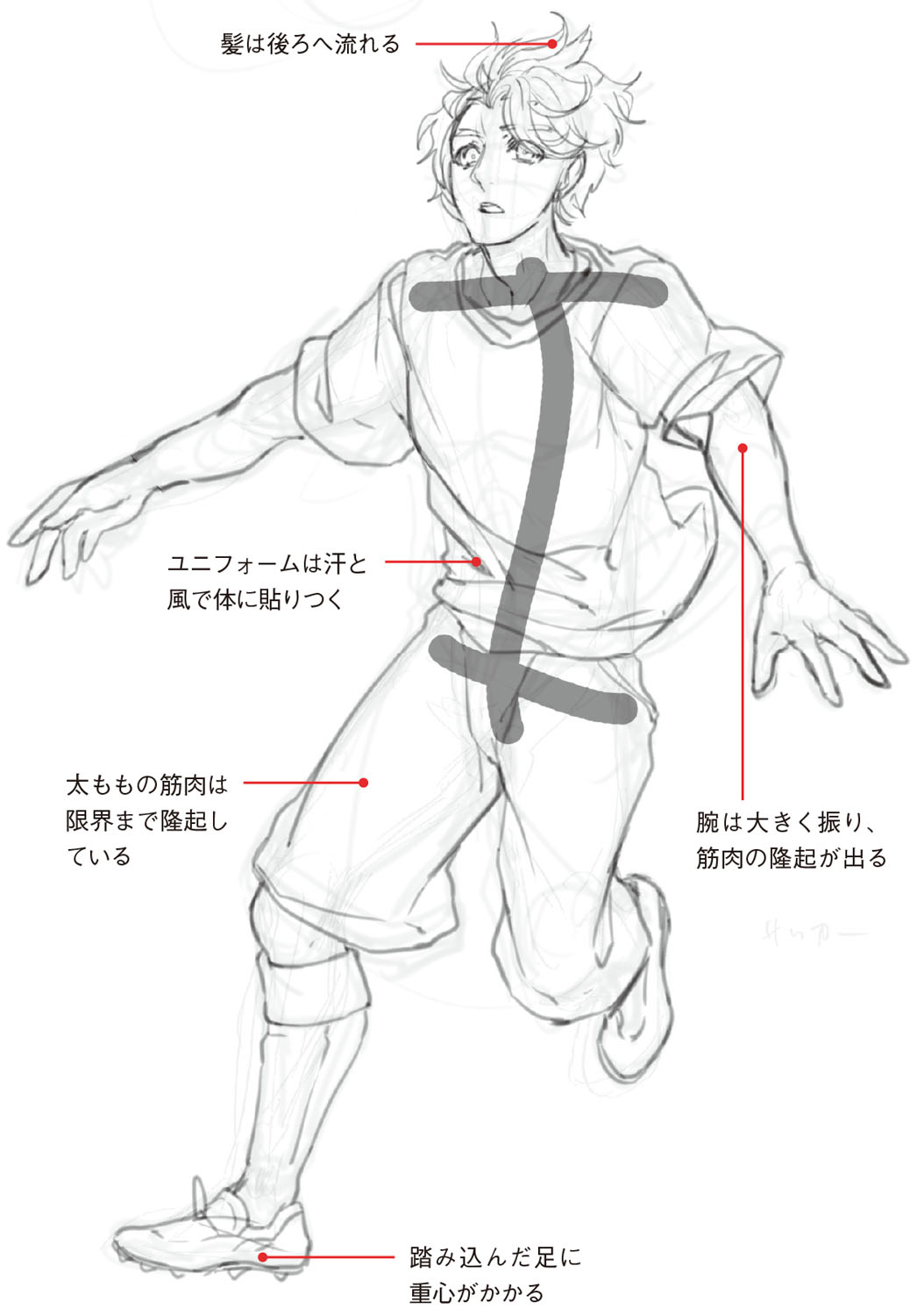 動きのあるポーズの描き方 スポーツマンの躍動感は髪の動きや